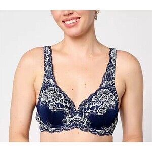 Breezies Luxe Two Tone Underwire Lace Bra Womens Sz 36DD Navy Blue Everyday